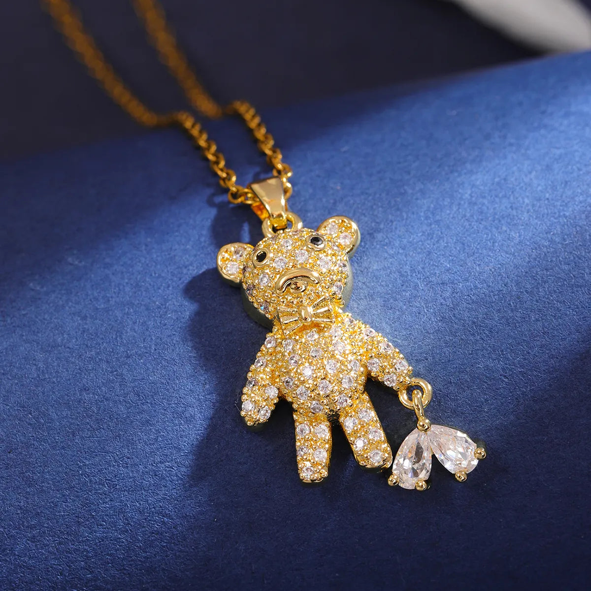 304 Stainless Steel 18K Gold Plated Cute Shiny Plating Inlay Little Bear Zircon Pendant Necklace