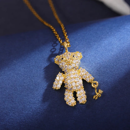 304 Stainless Steel 18K Gold Plated Cute Shiny Plating Inlay Little Bear Zircon Pendant Necklace