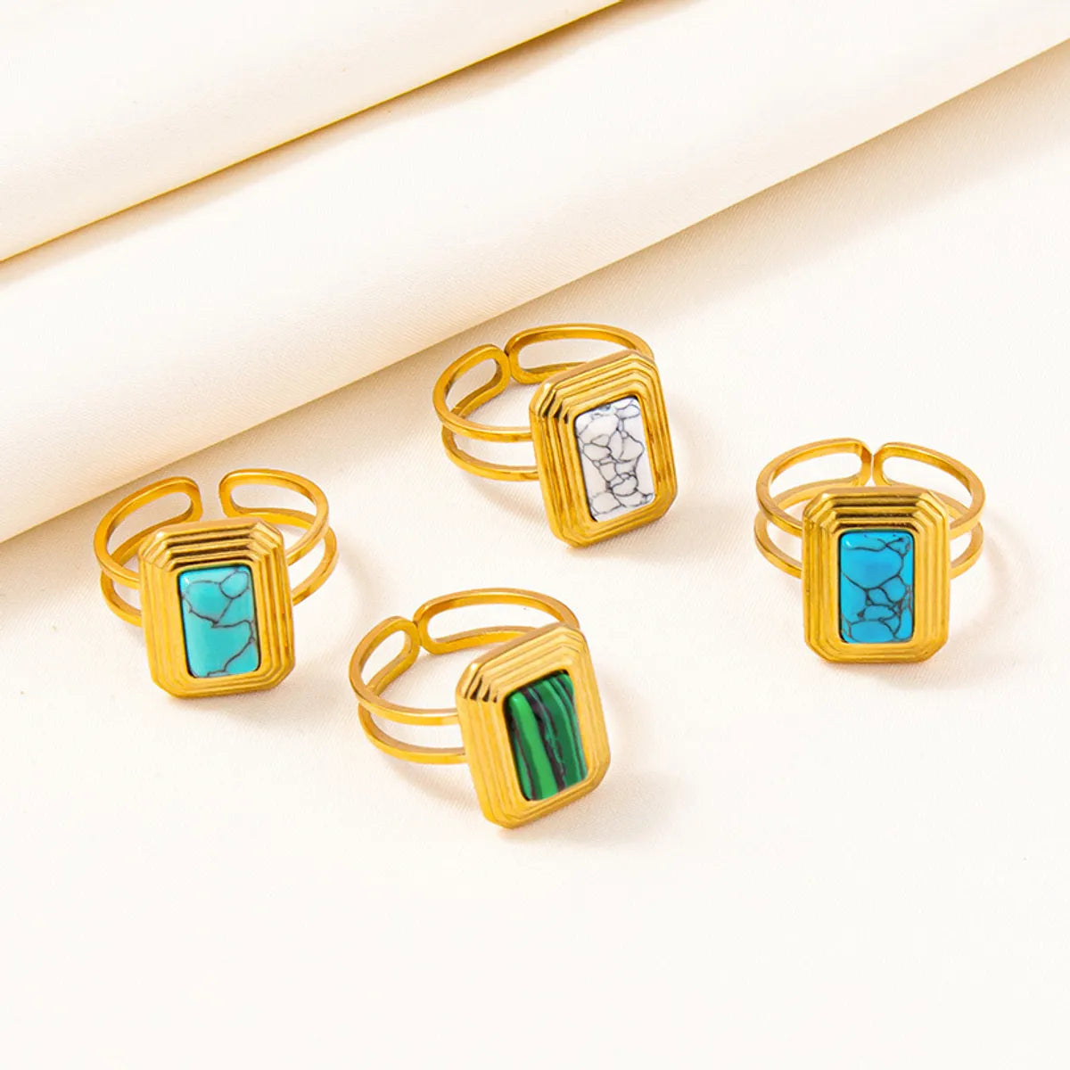 304 Stainless Steel 18K Gold Plated Elegant Classical Lady Inlay Geometric Artificial Gemstones Imitating Stone Open Rings