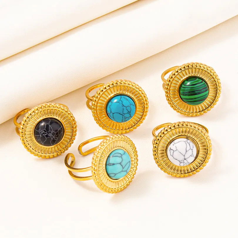 304 Stainless Steel 18K Gold Plated Elegant Classical Lady Inlay Round Artificial Gemstones Imitating Stone Open Rings