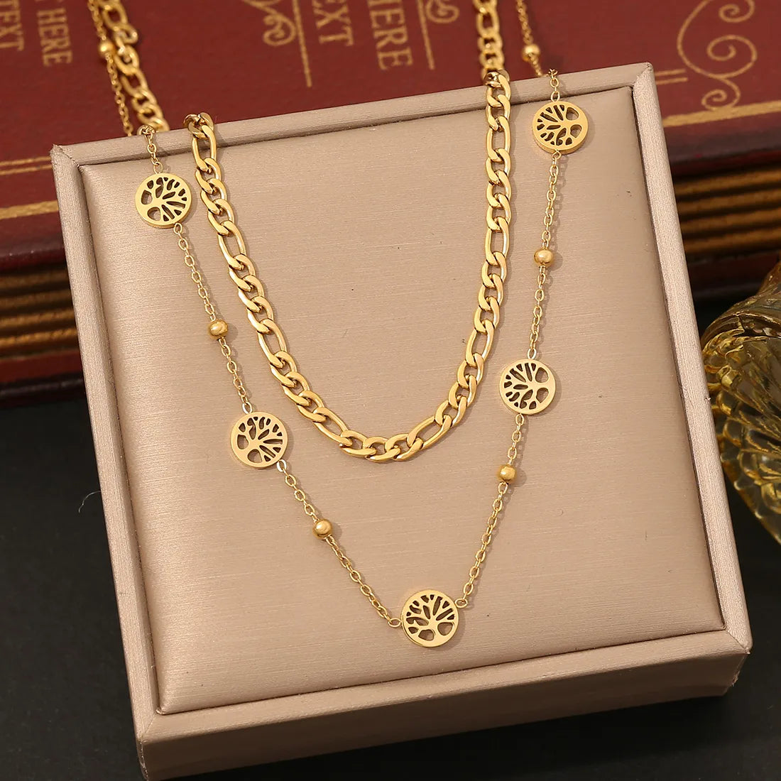 304 Stainless Steel 18K Gold Plated Elegant Commute Heart Shape Life Tree Butterfly Double Layer Necklaces