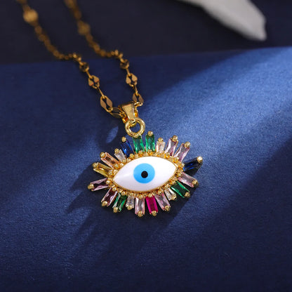 304 Stainless Steel 18K Gold Plated Elegant Inlay Eye Zircon Pendant Necklace