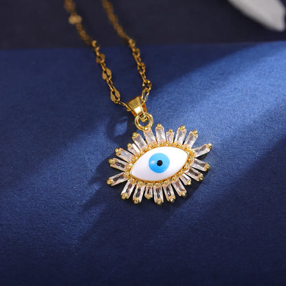 304 Stainless Steel 18K Gold Plated Elegant Inlay Eye Zircon Pendant Necklace