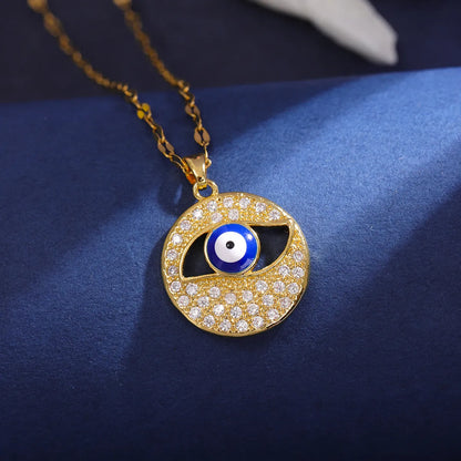 304 Stainless Steel 18K Gold Plated Elegant Inlay Eye Zircon Pendant Necklace