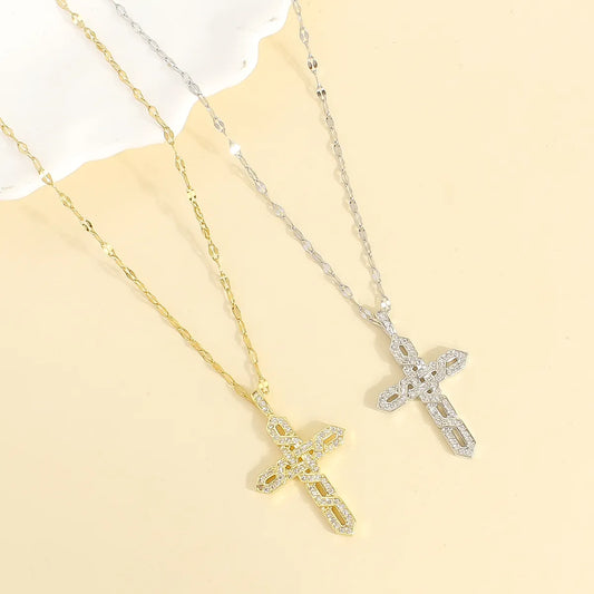 304 Stainless Steel 18K Gold Plated Elegant Lady Classic Style Plating Inlay Cross Zircon Pendant Necklace