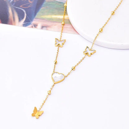 304 Stainless Steel 18K Gold Plated Elegant Lady Streetwear Plating Inlay Butterfly Zircon Double Layer Necklaces Pendant Necklace