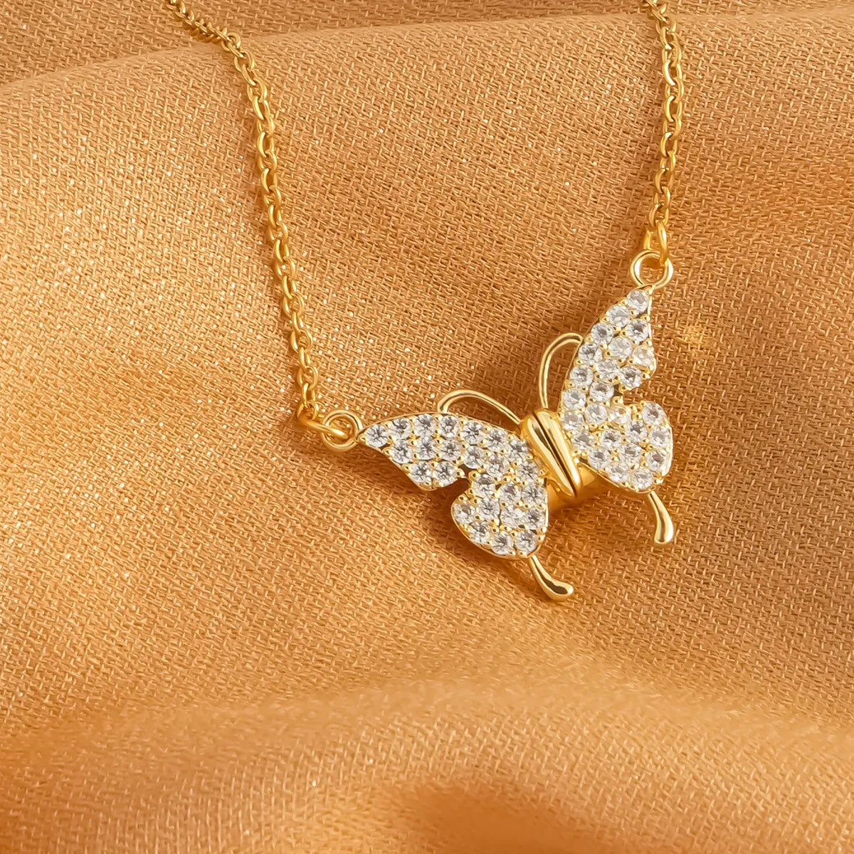 304 Stainless Steel 18K Gold Plated Elegant Lady Streetwear Plating Inlay Butterfly Zircon Double Layer Necklaces Pendant Necklace