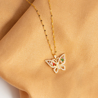 304 Stainless Steel 18K Gold Plated Elegant Lady Streetwear Plating Inlay Butterfly Zircon Double Layer Necklaces Pendant Necklace