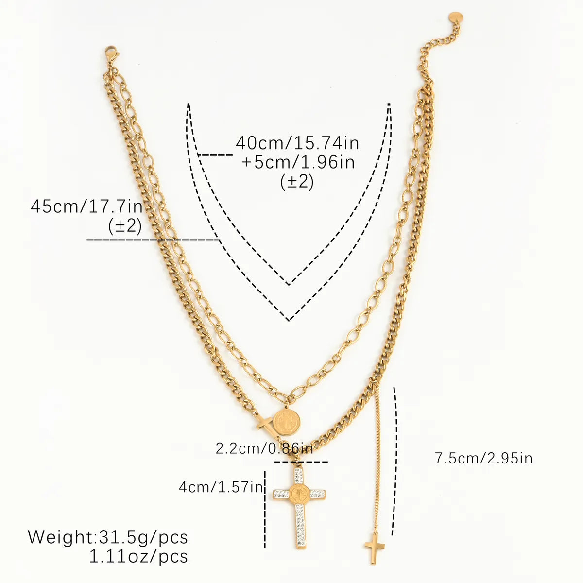 304 Stainless Steel 18K Gold Plated Elegant Lady Streetwear Plating Inlay Cross Round Zircon Three Layer Necklace Pendant Necklace