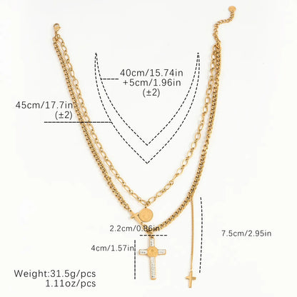 304 Stainless Steel 18K Gold Plated Elegant Lady Streetwear Plating Inlay Cross Round Zircon Three Layer Necklace Pendant Necklace