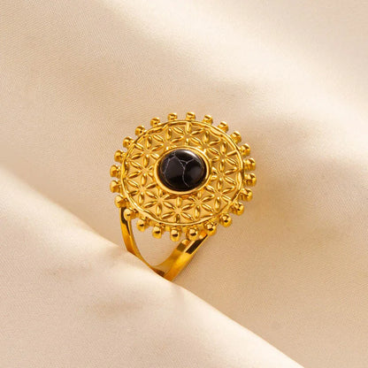 304 Stainless Steel 18K Gold Plated Elegant Retro Lady Inlay Geometric Artificial Gemstones Imitating Stone Open Rings