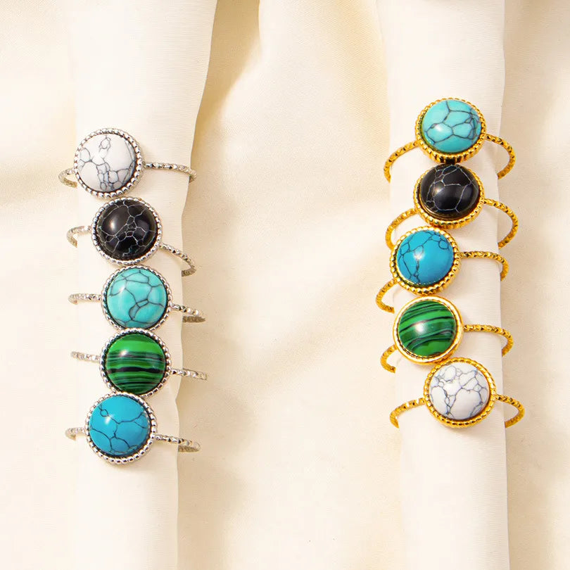 304 Stainless Steel 18K Gold Plated Elegant Retro Lady Inlay Geometric Artificial Gemstones Imitating Stone Open Rings