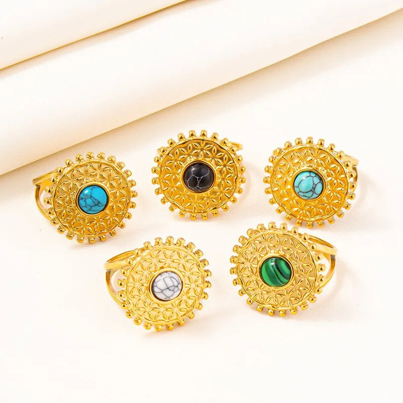 304 Stainless Steel 18K Gold Plated Elegant Retro Lady Inlay Geometric Artificial Gemstones Imitating Stone Open Rings