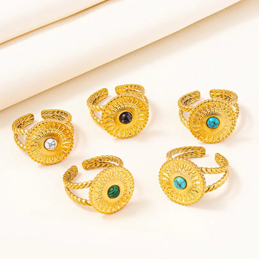 304 Stainless Steel 18K Gold Plated Elegant Retro Lady Inlay Geometric Artificial Gemstones Imitating Stone Open Rings