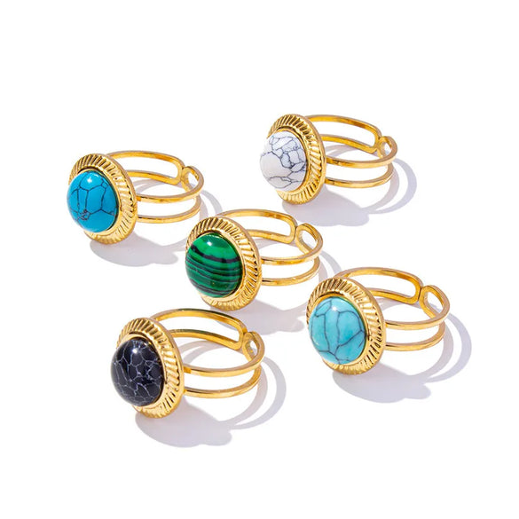 304 Stainless Steel 18K Gold Plated Elegant Retro Lady Inlay Geometric Artificial Gemstones Imitating Stone Open Rings
