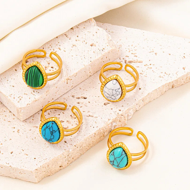 304 Stainless Steel 18K Gold Plated Elegant Retro Lady Inlay Water Droplets Artificial Gemstones Imitating Stone Open Rings