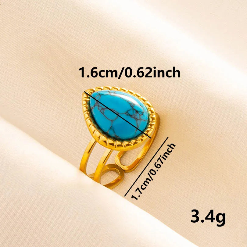 304 Stainless Steel 18K Gold Plated Elegant Retro Lady Inlay Water Droplets Artificial Gemstones Imitating Stone Open Rings