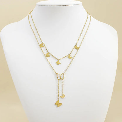 304 Stainless Steel 18K Gold Plated Elegant Simple Style Inlay Butterfly Shell Layered Necklaces