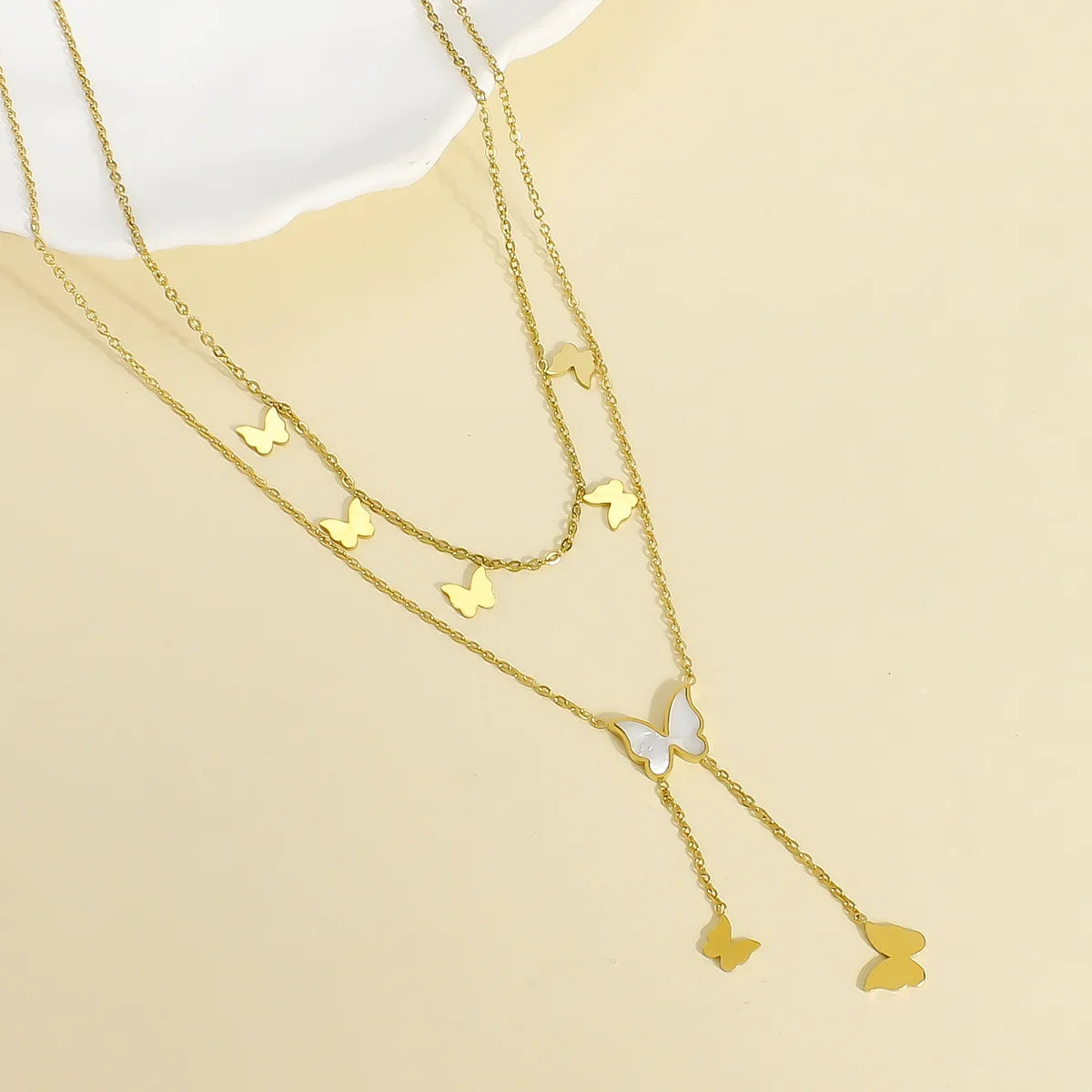 304 Stainless Steel 18K Gold Plated Elegant Simple Style Inlay Butterfly Shell Layered Necklaces