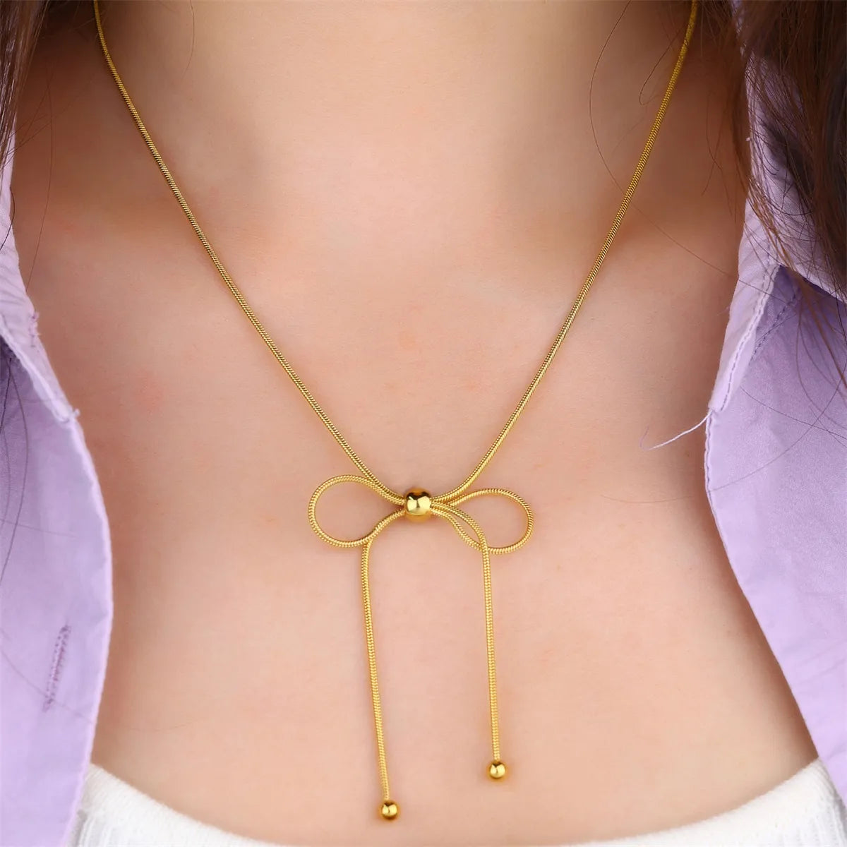 304 Stainless Steel 18K Gold Plated Elegant Simple Style Pearl Heart Shape Bow Knot Pendant Necklace