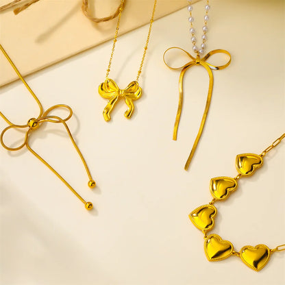 304 Stainless Steel 18K Gold Plated Elegant Simple Style Pearl Heart Shape Bow Knot Pendant Necklace