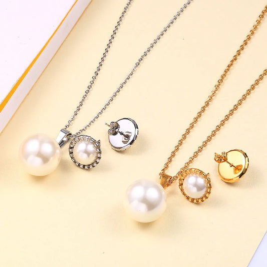 304 Stainless Steel 18K Gold Plated Elegant Simple Style Polishing Plating Inlay Round Pearl Jewelry Set