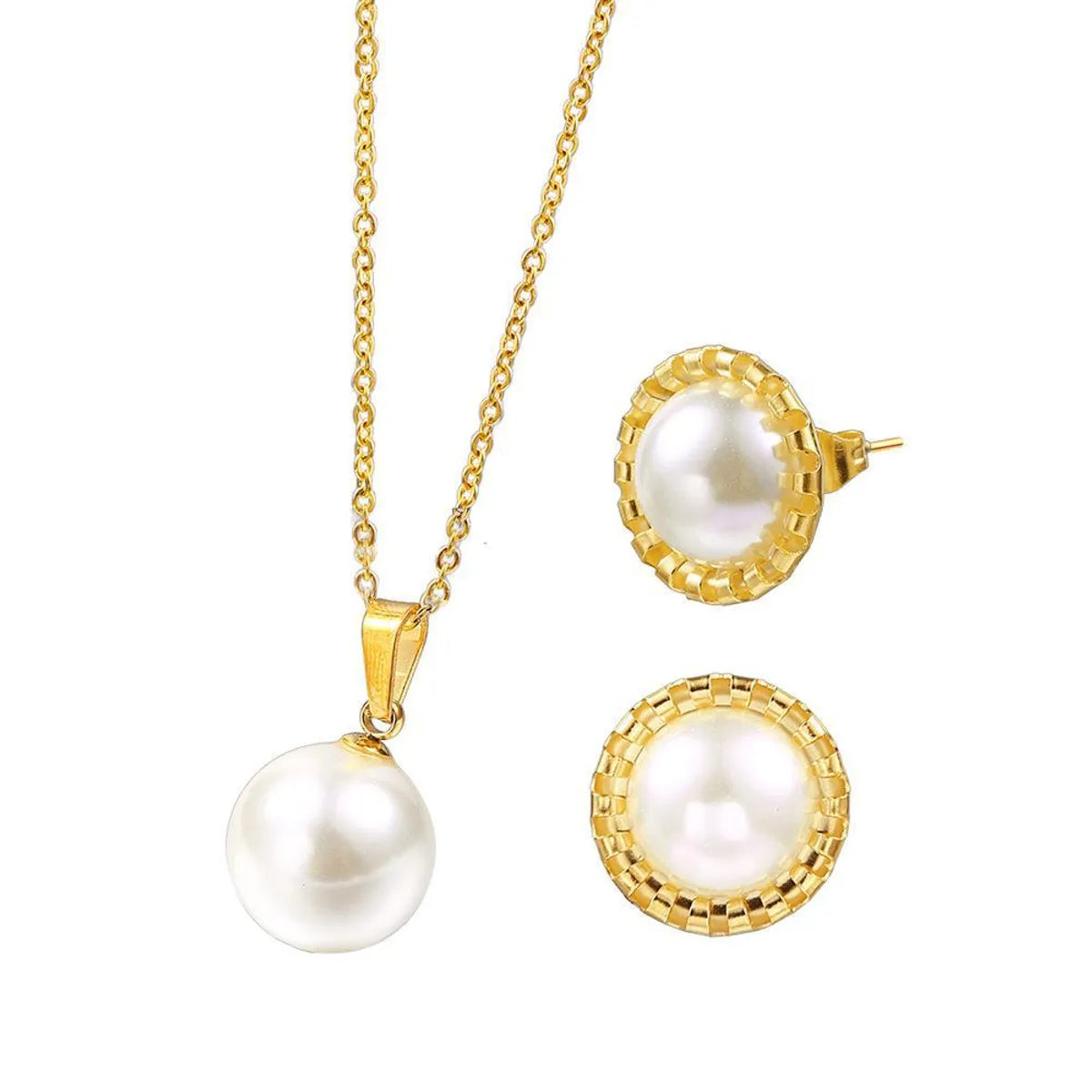 304 Stainless Steel 18K Gold Plated Elegant Simple Style Polishing Plating Inlay Round Pearl Jewelry Set