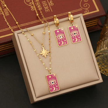 304 Stainless Steel 18K Gold Plated Enamel Eye Glass Jewelry Set