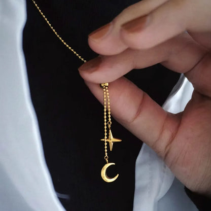 Wholesale Jewelry French Style Romantic Star Moon 316 Stainless Steel  18K Gold Plated Tassel Pendant Necklace