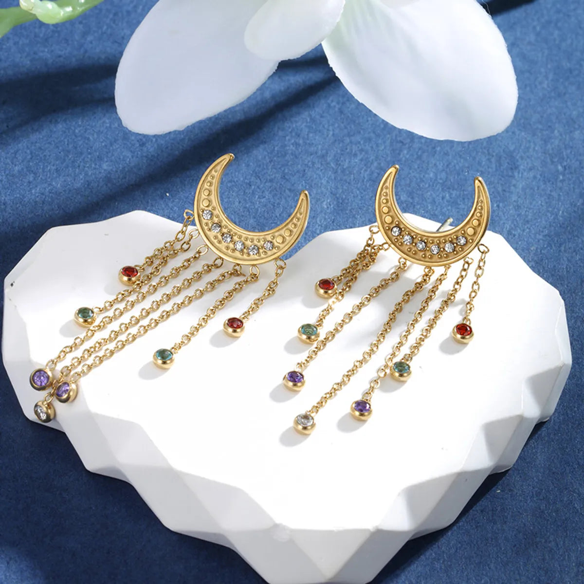 304 Stainless Steel 18K Gold Plated Glam XUPING Sweet Tassel Plating Inlay Moon Artificial Gemstones Jewelry Set