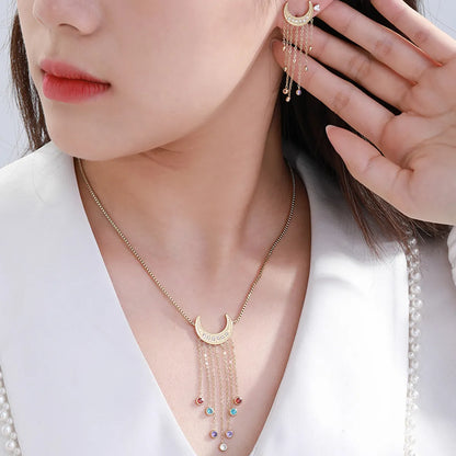 304 Stainless Steel 18K Gold Plated Glam XUPING Sweet Tassel Plating Inlay Moon Artificial Gemstones Jewelry Set