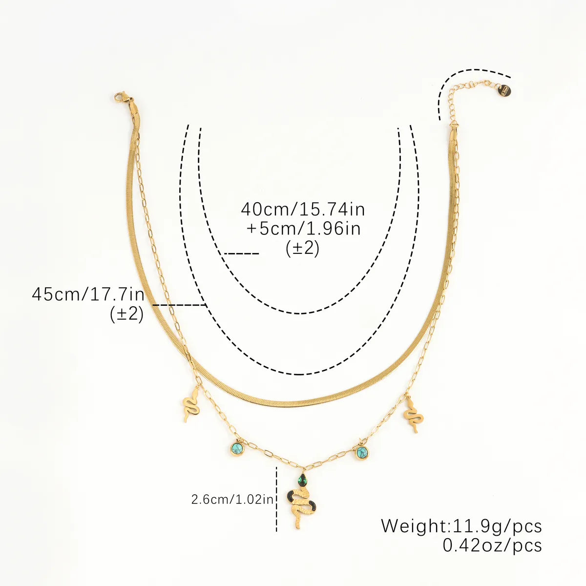 304 Stainless Steel 18K Gold Plated Hip-Hop Luxurious Plating Inlay Snake Turquoise Zircon Double Layer Necklaces