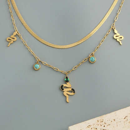 304 Stainless Steel 18K Gold Plated Hip-Hop Luxurious Plating Inlay Snake Turquoise Zircon Double Layer Necklaces