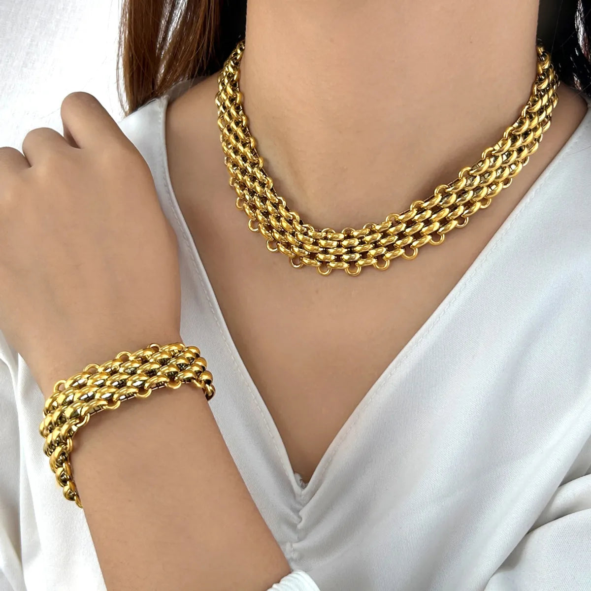 304 Stainless Steel 18K Gold Plated Hip-Hop Retro Plating Solid Color Bracelets Necklace