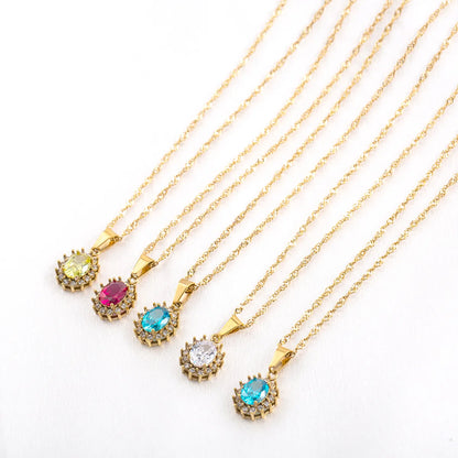 304 Stainless Steel 18K Gold Plated IG Style Glam French Style Plating Inlay Oval Rhinestones Zircon Pendant Necklace