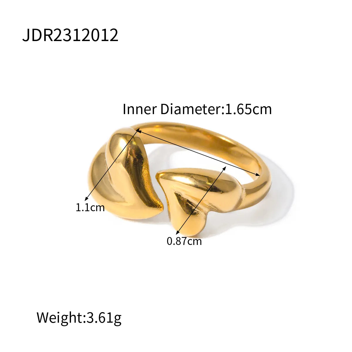 304 Stainless Steel 18K Gold Plated IG Style Heart Shape Solid Color Open Rings