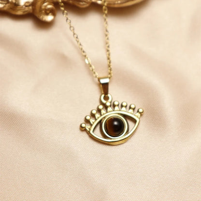 304 Stainless Steel 18K Gold Plated IG Style Inlay Devil'S Eye Palm Natural Stone Pendant Necklace