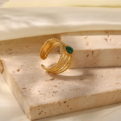 304 Stainless Steel 18K Gold Plated IG Style Inlay Geometric Natural Stone Malachite Open Rings