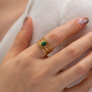 304 Stainless Steel 18K Gold Plated IG Style Inlay Geometric Natural Stone Malachite Open Rings