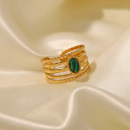 304 Stainless Steel 18K Gold Plated IG Style Inlay Geometric Natural Stone Malachite Open Rings