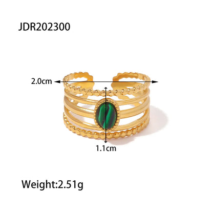 304 Stainless Steel 18K Gold Plated IG Style Inlay Geometric Natural Stone Malachite Open Rings