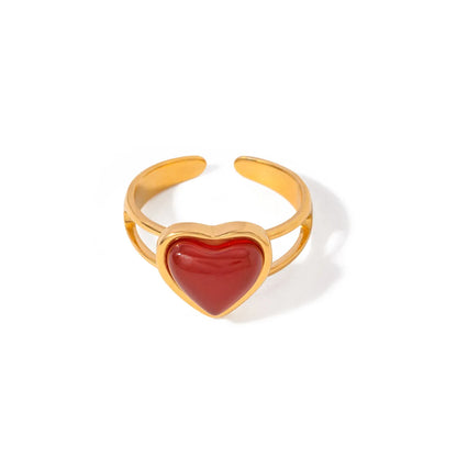 Wholesale Jewelry IG Style Heart Shape 304 Stainless Steel Red Agate 18K Gold Plated Inlay Open Rings