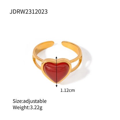 Wholesale Jewelry IG Style Heart Shape 304 Stainless Steel Red Agate 18K Gold Plated Inlay Open Rings