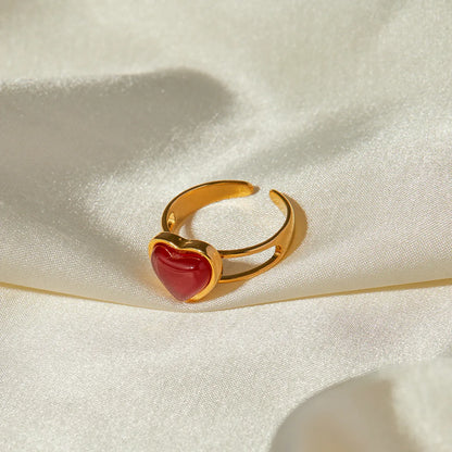 Wholesale Jewelry IG Style Heart Shape 304 Stainless Steel Red Agate 18K Gold Plated Inlay Open Rings