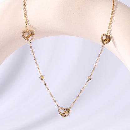 304 Stainless Steel 18K Gold Plated IG Style Romantic Shiny Hollow Out Inlay Love Heart Shape Rhinestones Necklace