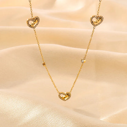 304 Stainless Steel 18K Gold Plated IG Style Romantic Shiny Hollow Out Inlay Love Heart Shape Rhinestones Necklace