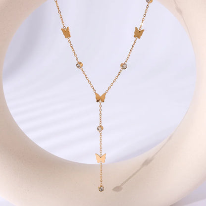 304 Stainless Steel 18K Gold Plated IG Style Romantic Simple Style Inlay Butterfly Rhinestones Pendant Necklace