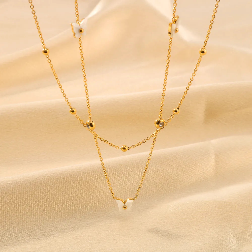 304 Stainless Steel 18K Gold Plated IG Style Romantic Sweet Inlay Butterfly Acrylic Rhinestones Double Layer Necklaces