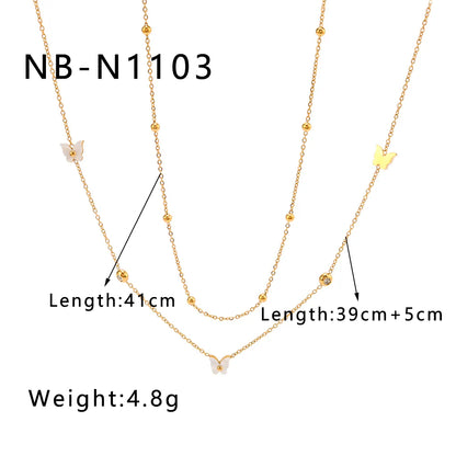 304 Stainless Steel 18K Gold Plated IG Style Romantic Sweet Inlay Butterfly Acrylic Rhinestones Double Layer Necklaces