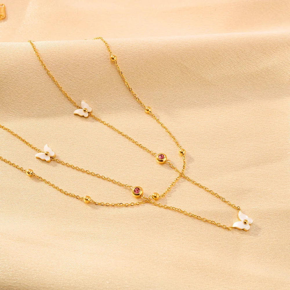 304 Stainless Steel 18K Gold Plated IG Style Romantic Sweet Inlay Butterfly Acrylic Rhinestones Double Layer Necklaces